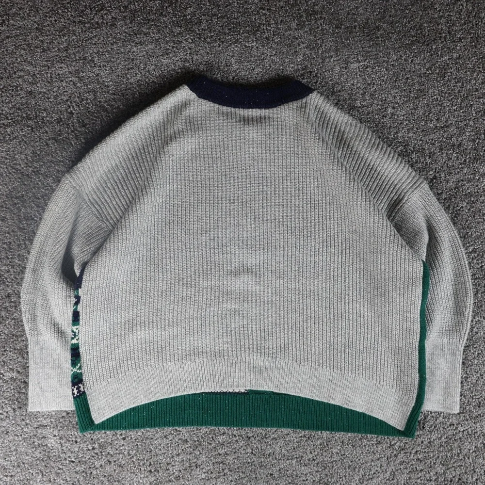 Lands' End Women's Large Patchwork Cable Knit Sweater Green Navy Gray Fair Isle